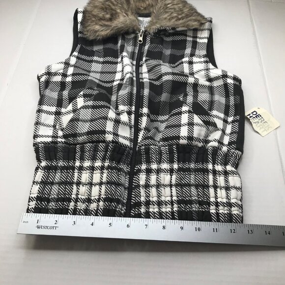 Derek Heart Women's Medium Vest Black And White Plaid Faux Fur Collar New - Picture 9 of 13